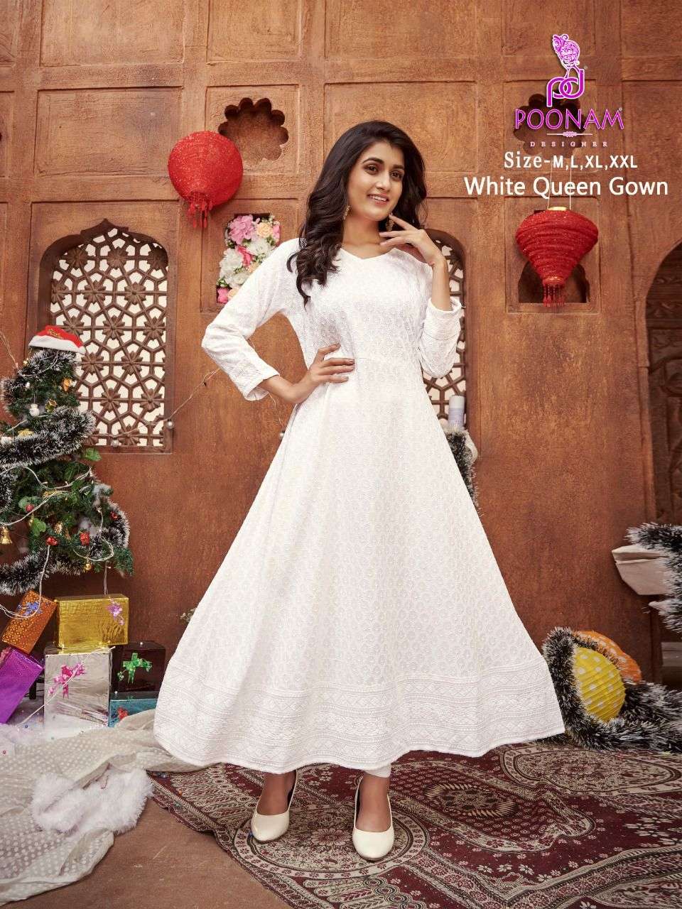 WHITE QUEEN GOWN BY POONAM DESIGNER 101 TO 106 SERIES RAYON CHICKEN WORK KURTIS