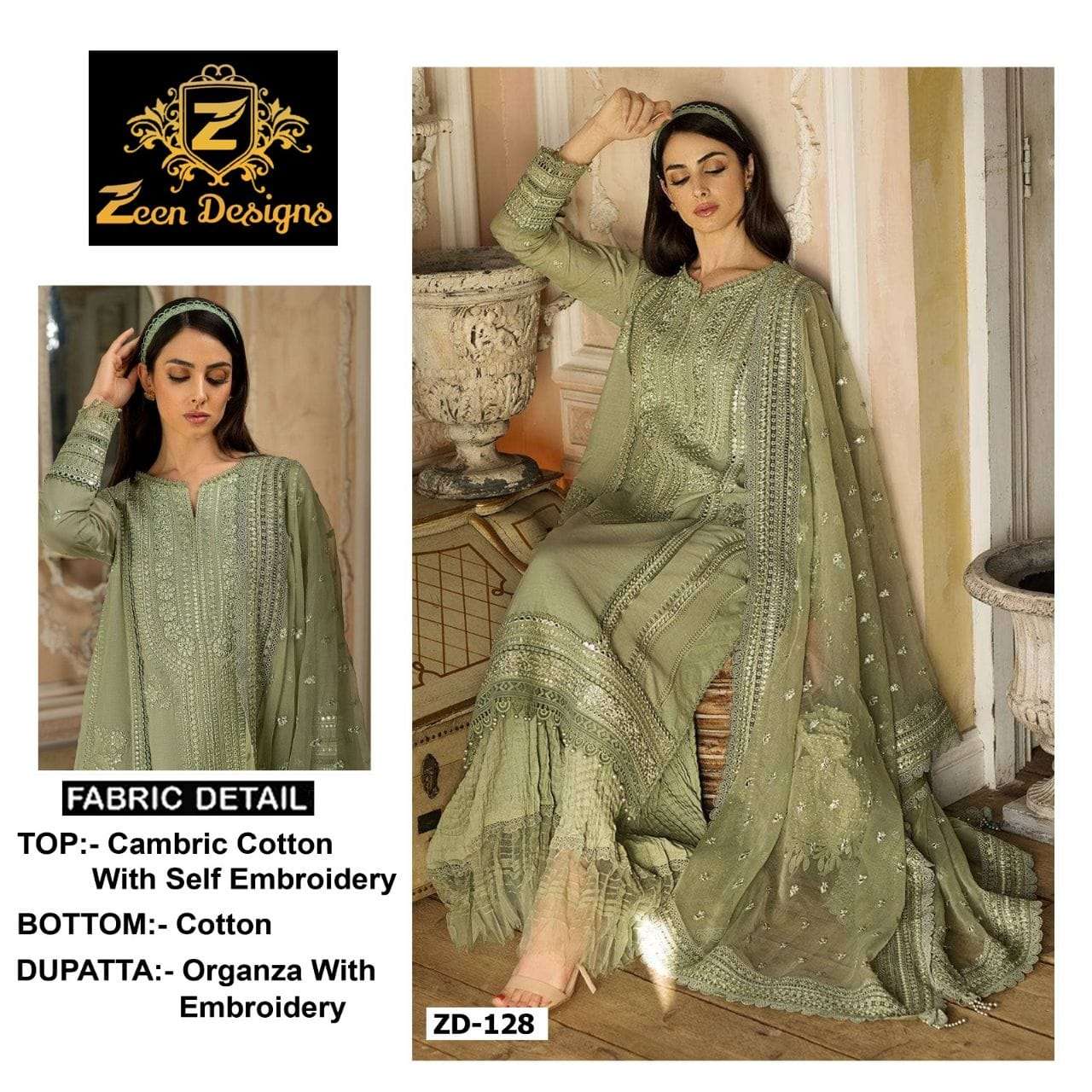 ZD-128 HIT DESIGN BY ZEEN DESIGNS CAMBRIC COTTON EMBROIDERY PAKISTANI DRESS
