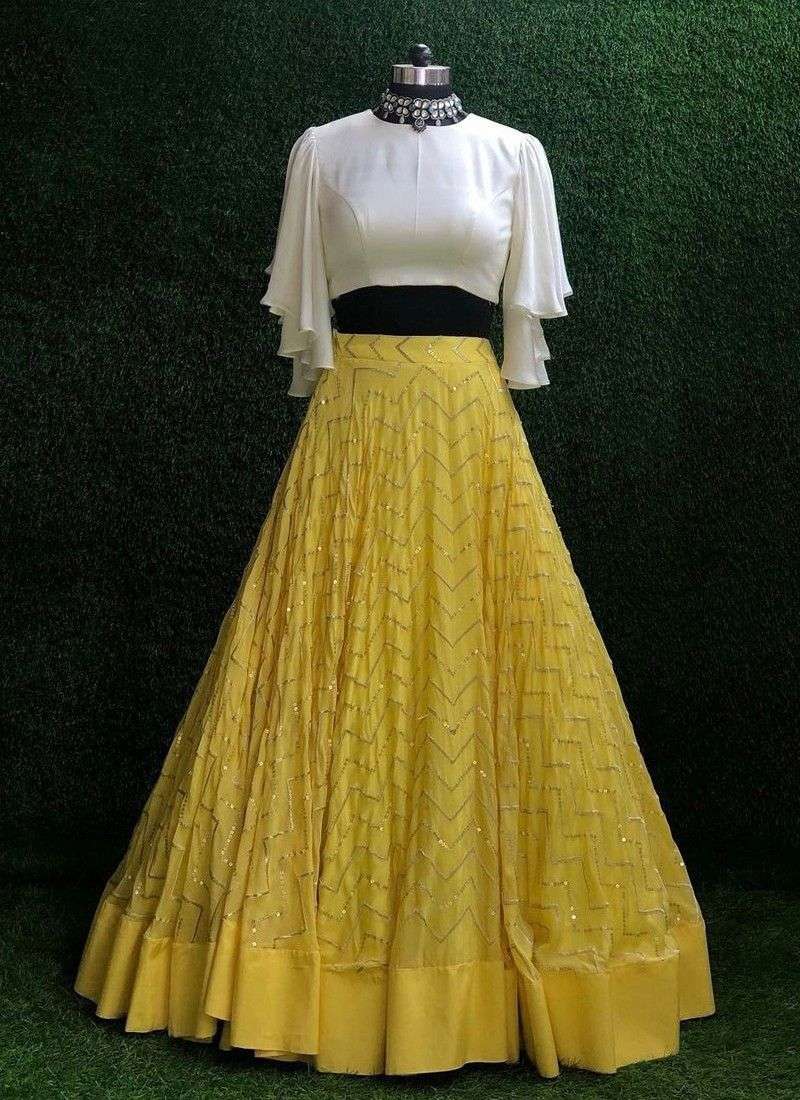 1739YLW BY ASLIWHOLESALE DESIGNER GEROGETTE PARTY WEAR TOP AND LEHENGAS