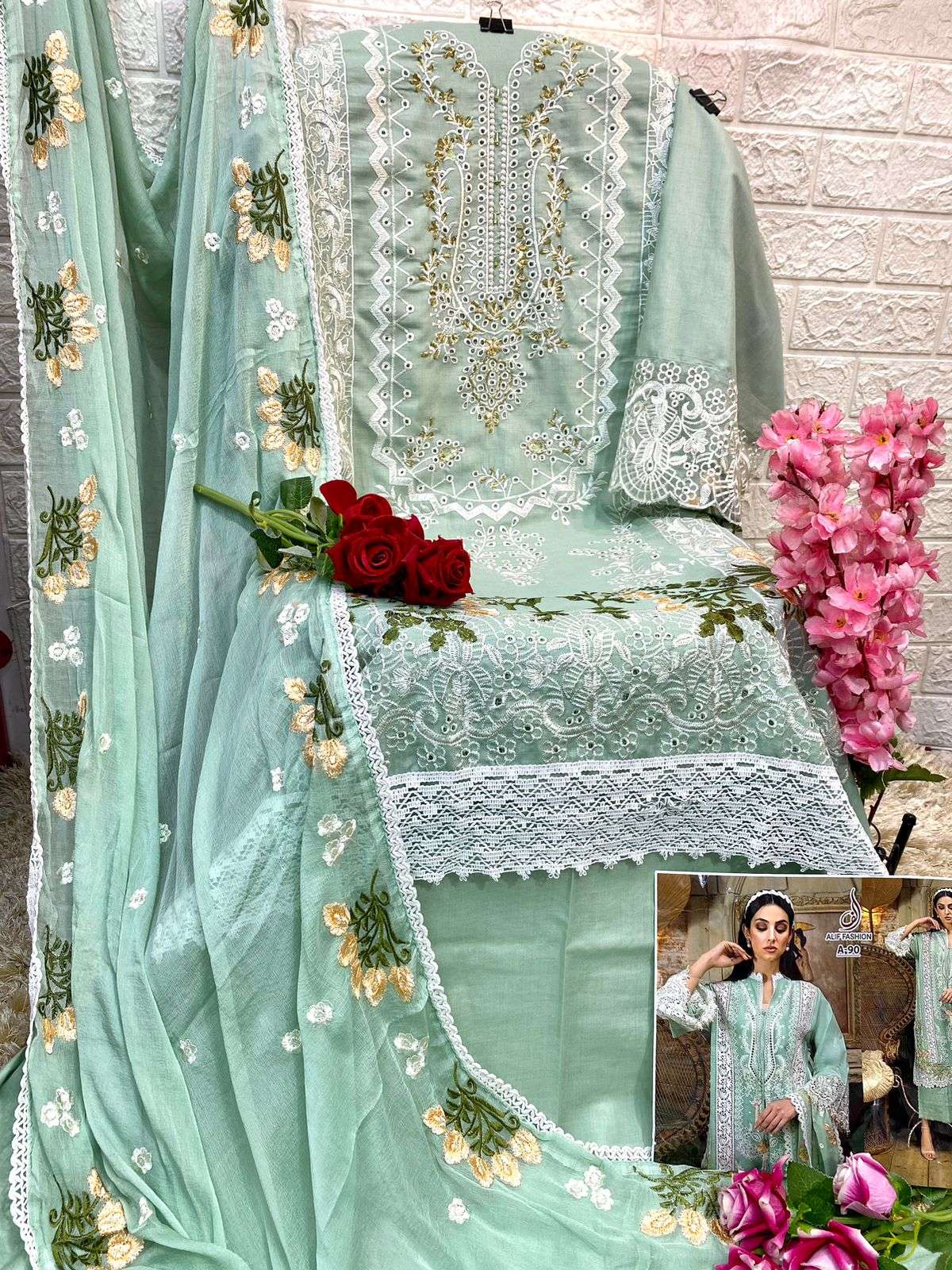 A-90 HIT DESIGN BY ALIF FASHION PURE CAMBRIC COTTON HEAVY EMBROIDERY WORK DRESS