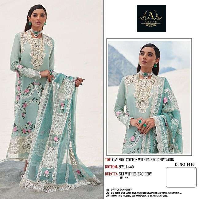 AZURE 1416 BY ASLIWHOLESALE HEAVY COTTON WORK PAKISTANI DRESS