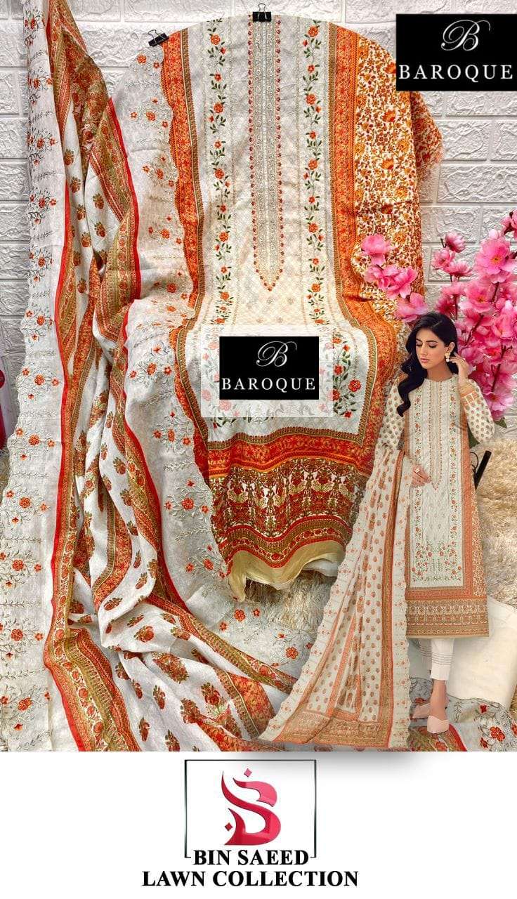 BIN SAEED LAWN COLLECTION VOL-4 BY BAROQUE DESIGNER COTTON WORK PAKISTANI DRESS