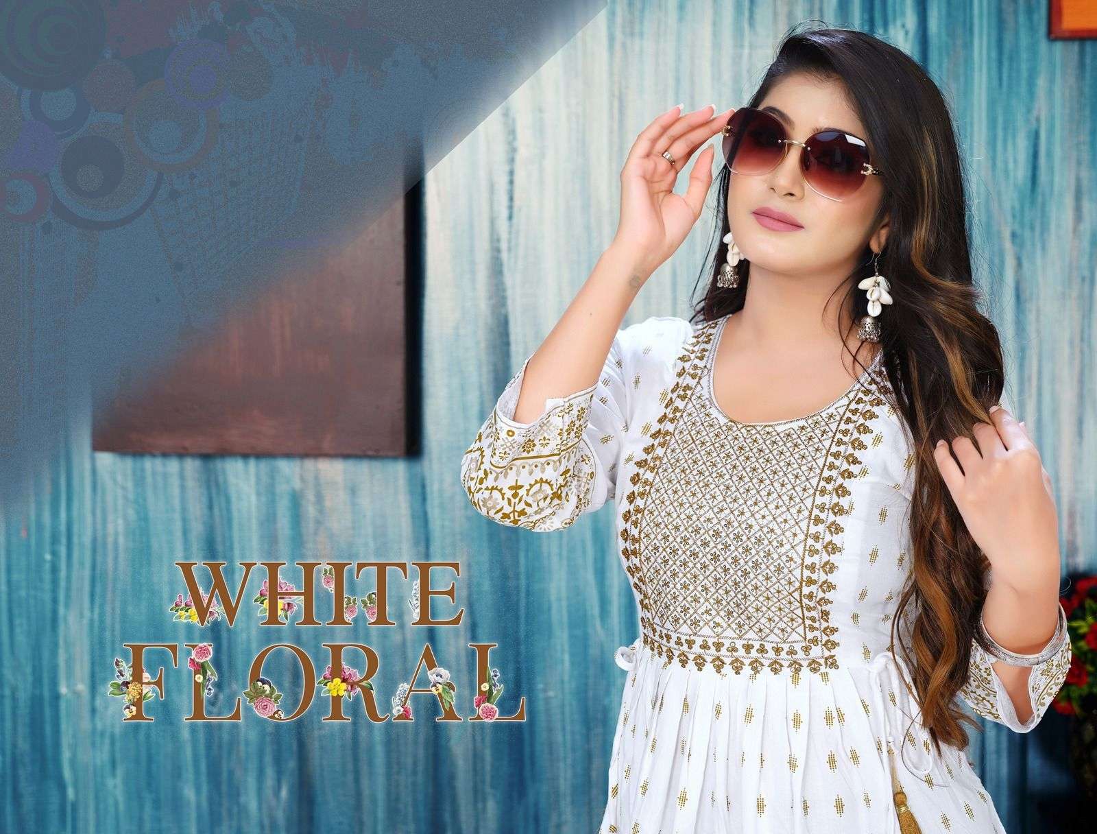 GOLDEN WHITE FLORAL BY ASLIWHOLESALE DESIGNER RAYON HANDWORK KURTIS 