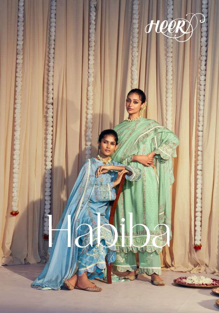 HABIBA BY HEER 9021 TO 9028 SERIES PURE MUSLIN SATIN DRESSES