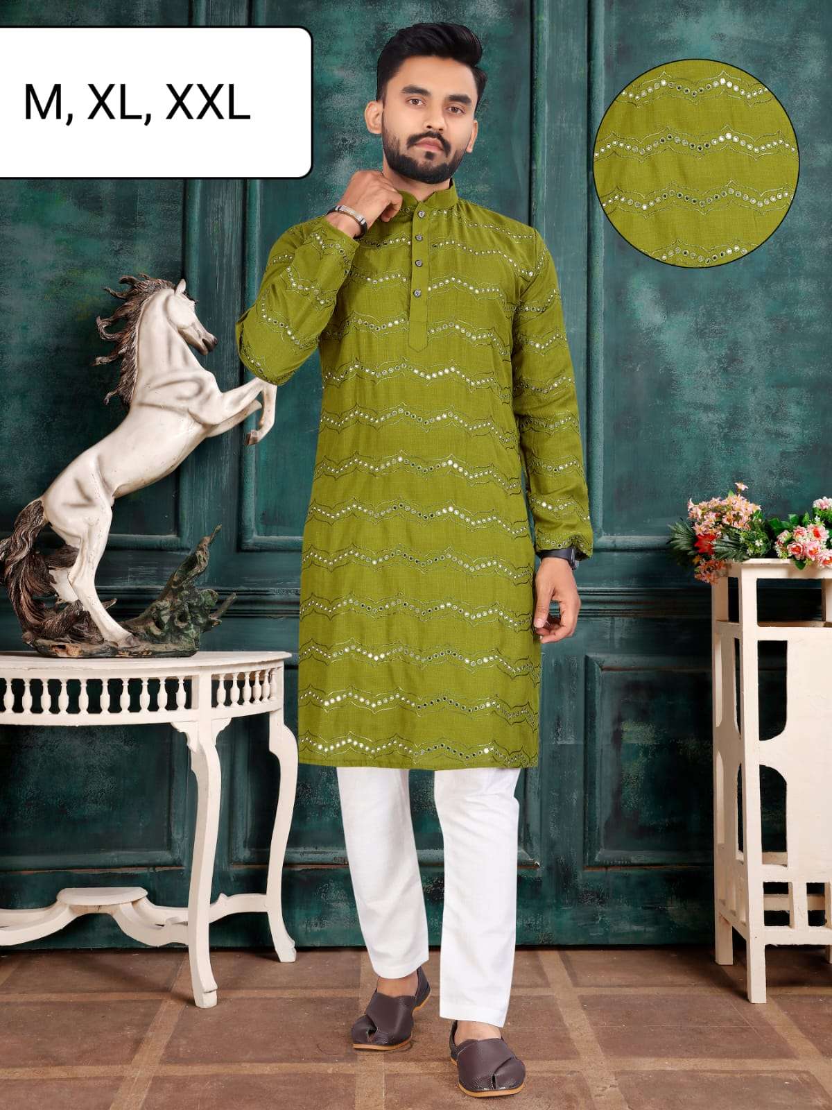 MIRROR WORK VOL-9 BY ASLIWHOLESALE DESIGNER COTTON CHIKAN KURTA WITH PAJAMA