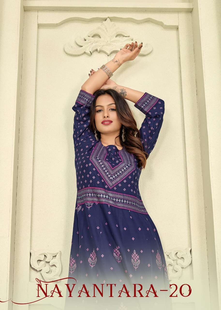 NAYANTARA VOL-20 BY BANWERY 1001 TO 1006 SERIES RAYON PRINT KURTIS