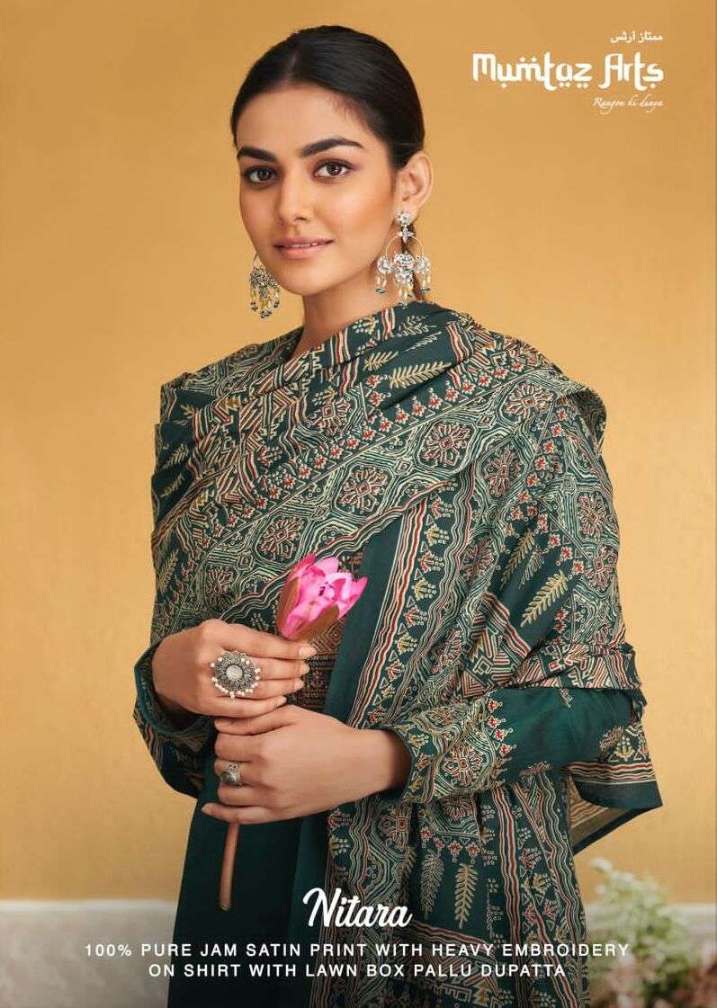 NITARA BY MUMTAZ ARTS 3001 TO 3008 SERIES VISCOSE SATIN PRINT EMBROIDERY DRESSES