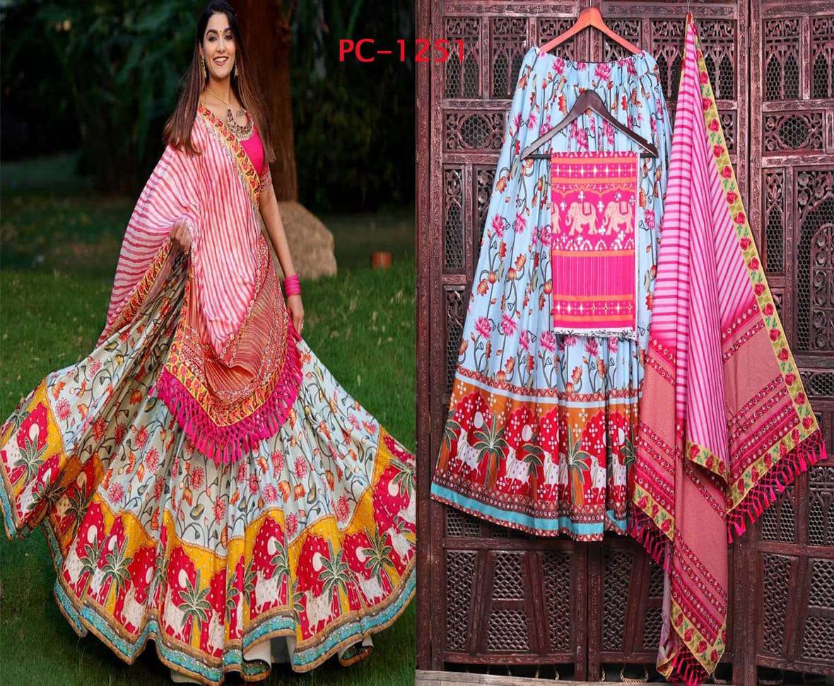 PC-COLOUR BY ASLIWHOLESALE DESIGNER FANCY CHINON SILK NAVRATRI LEHENGAS