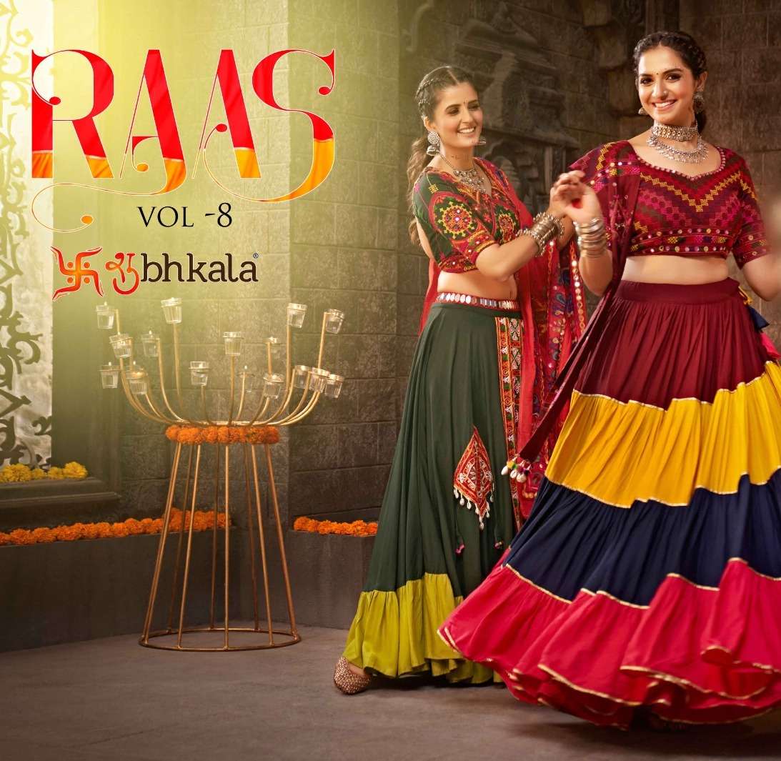 RAAS VOL-8 BY SHUBHKALA 2341 TO 2347 SERIES MUSLIN SILK NAVRATRI LEHENGAS