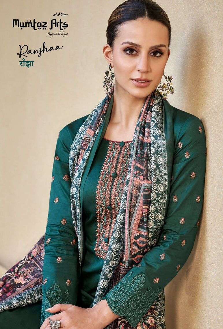 RANJHAA BY MUMTAZ ARTS 3001 TO 3006 SERIES SATIN PRINT EMBROIDERY DRESSES