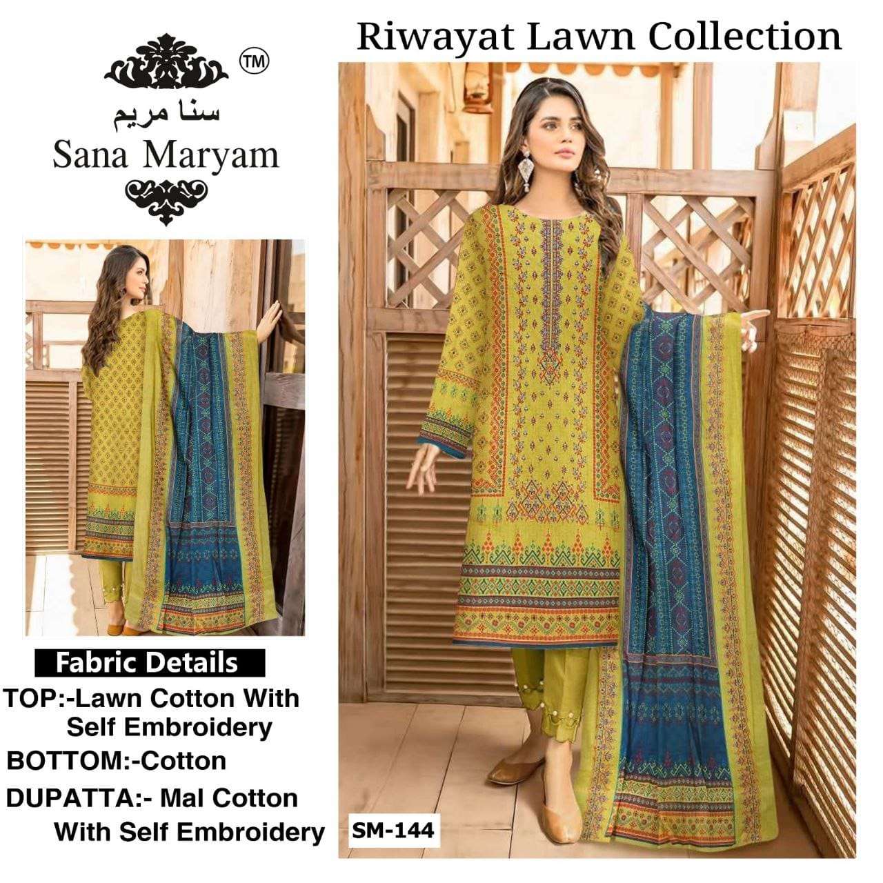 RIWAYAT 144-145 BY SANA MARYAM HEAVY COTTON EMBROIDERY PAKISTANI DRESS