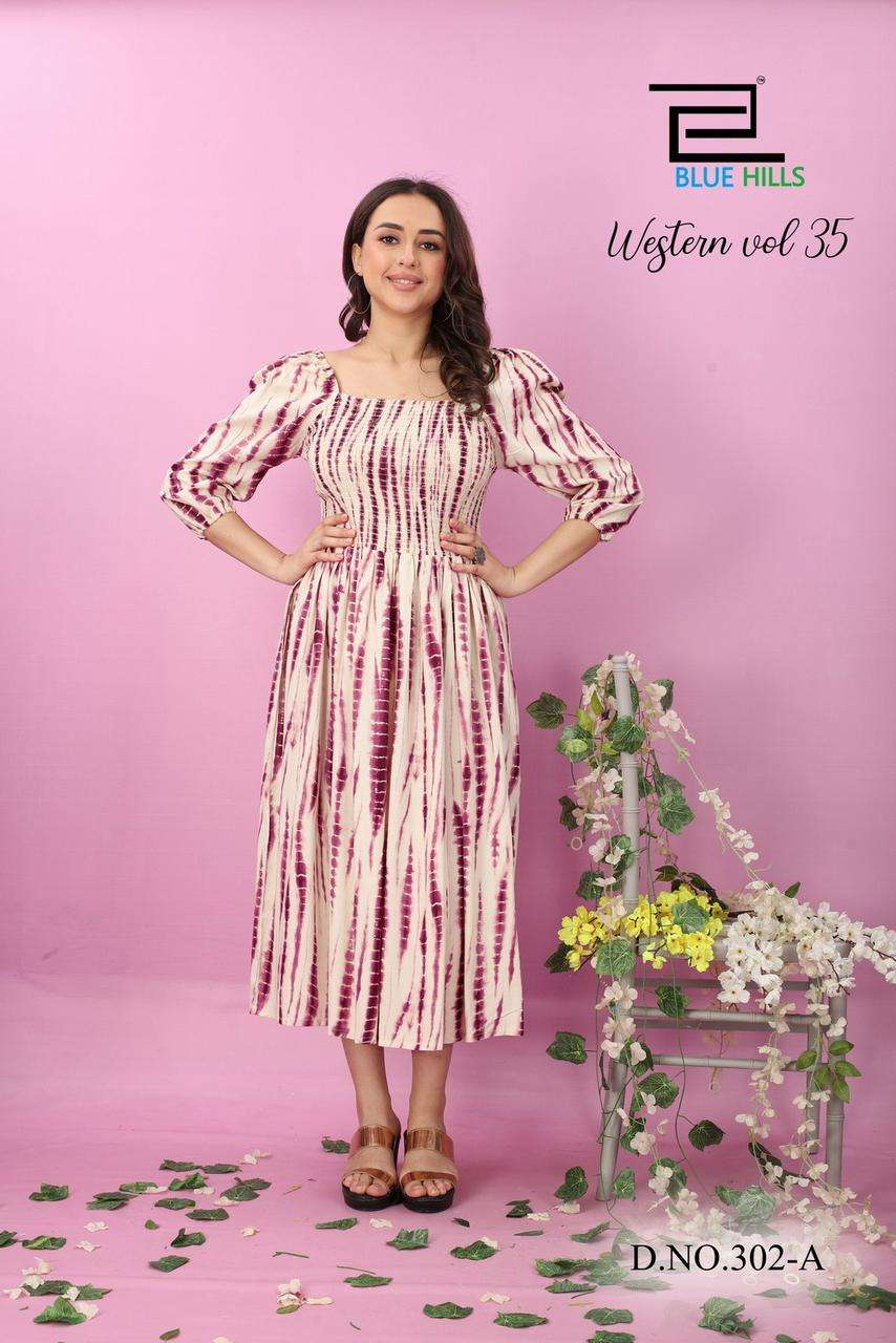 WESTERN VOL-35 BY BLUE HILLS 302-A TO 302-D SERIES  RAYON PRINT KURTIS