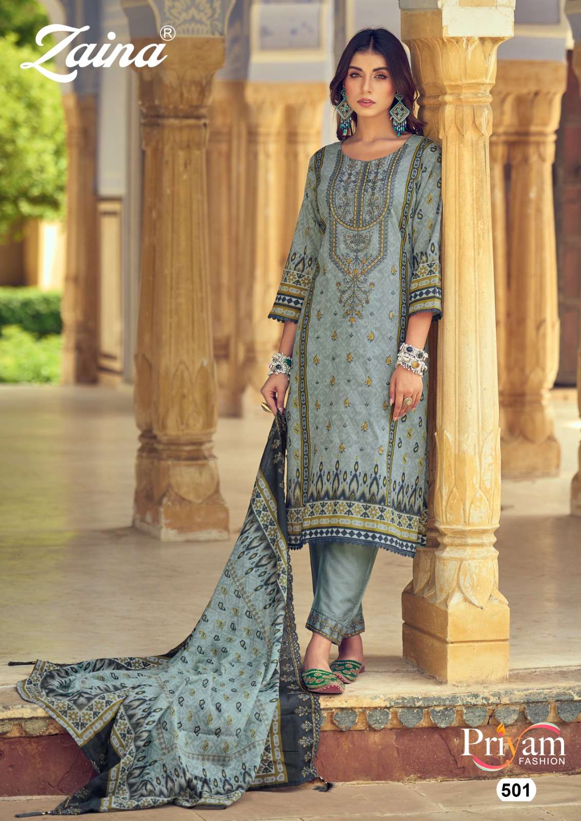 ZAINA 500 COLOURS BY PRIYAM 501 TO 505 SERIES COTTON PAKISTANI STITCHED DRESSES