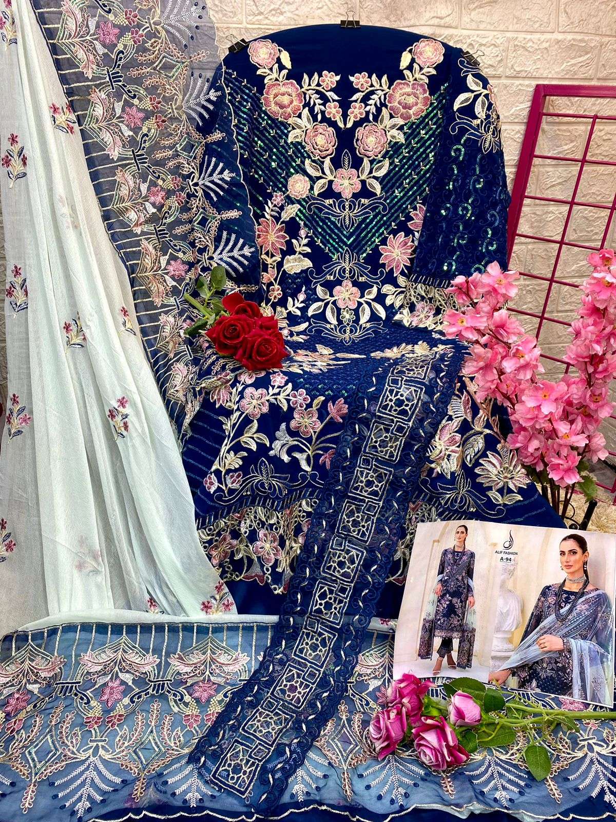 A-94 HIT DESIGN BY ALIF FASHION PURE FAUX GEORGETTE EMBROIDERY WORK DRESS