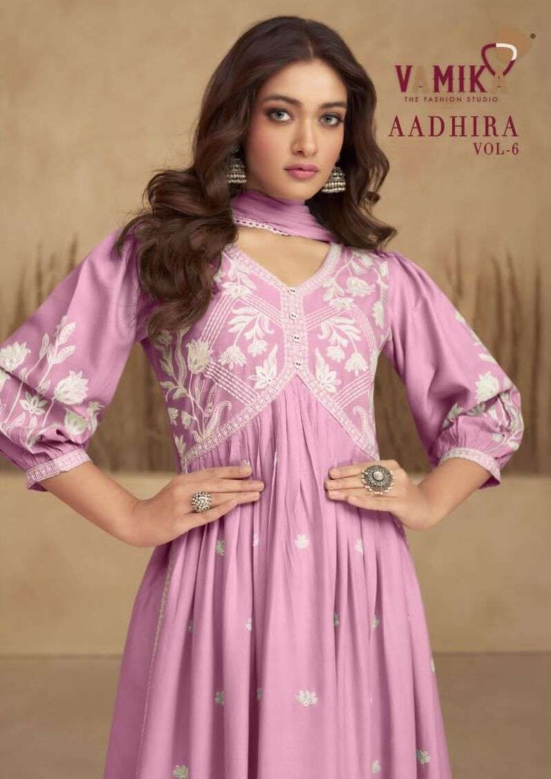 AADHIRA VOL-6 BY VAMIKA 1108-A TO 1108-E SERIES RAYON VISCOSE STITCHED DRESSES