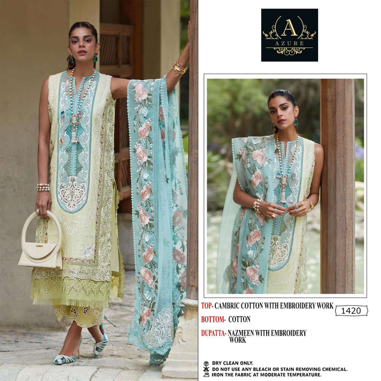 AZURE 1420 BY ASLIWHOLESALE HEAVY COTTON WORK PAKISTANI DRESS