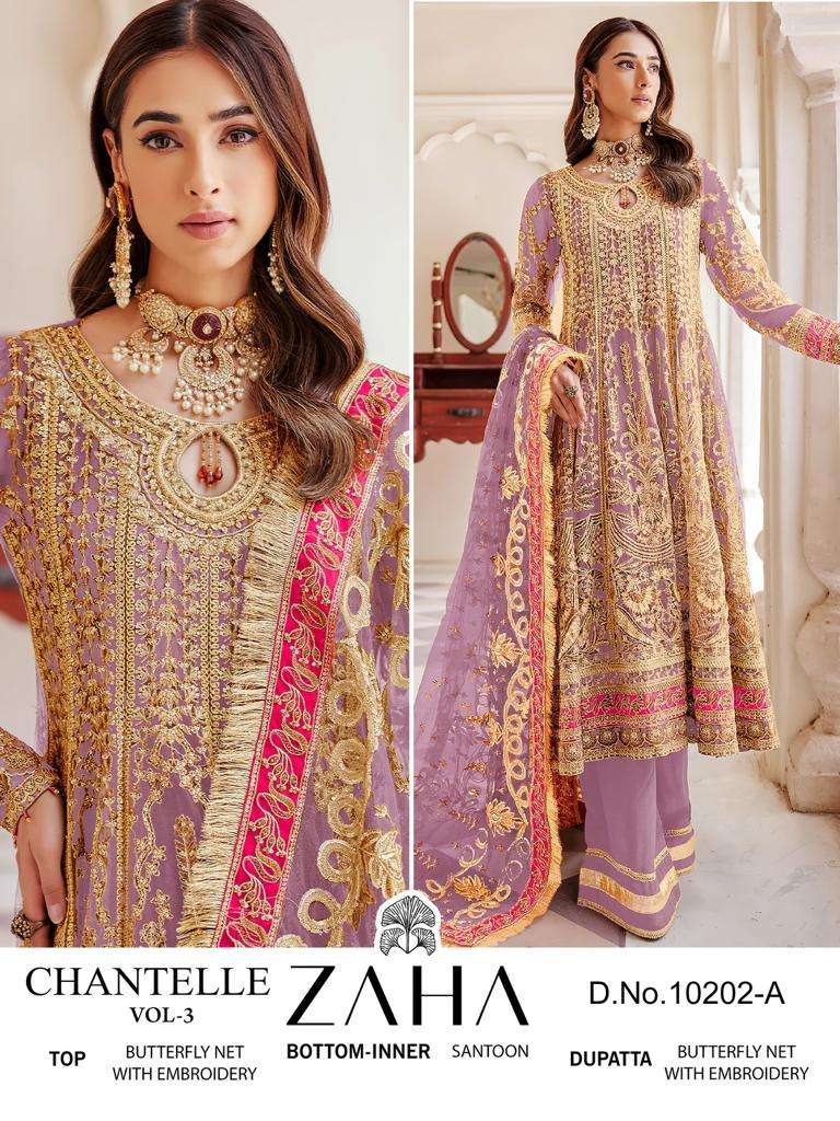 CHANTELLE VOL-03 BY ZAHA 10202-A TO 10202-D SERIES GEORGETTE PAKISTANI DRESSES