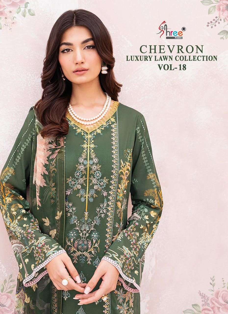 CHEVRON LUXURY LAWN COLLECTION VOL-18 BY SHREE FABS 3264 TO 3270 SERIES COTTON PAKISTANI DRESSES