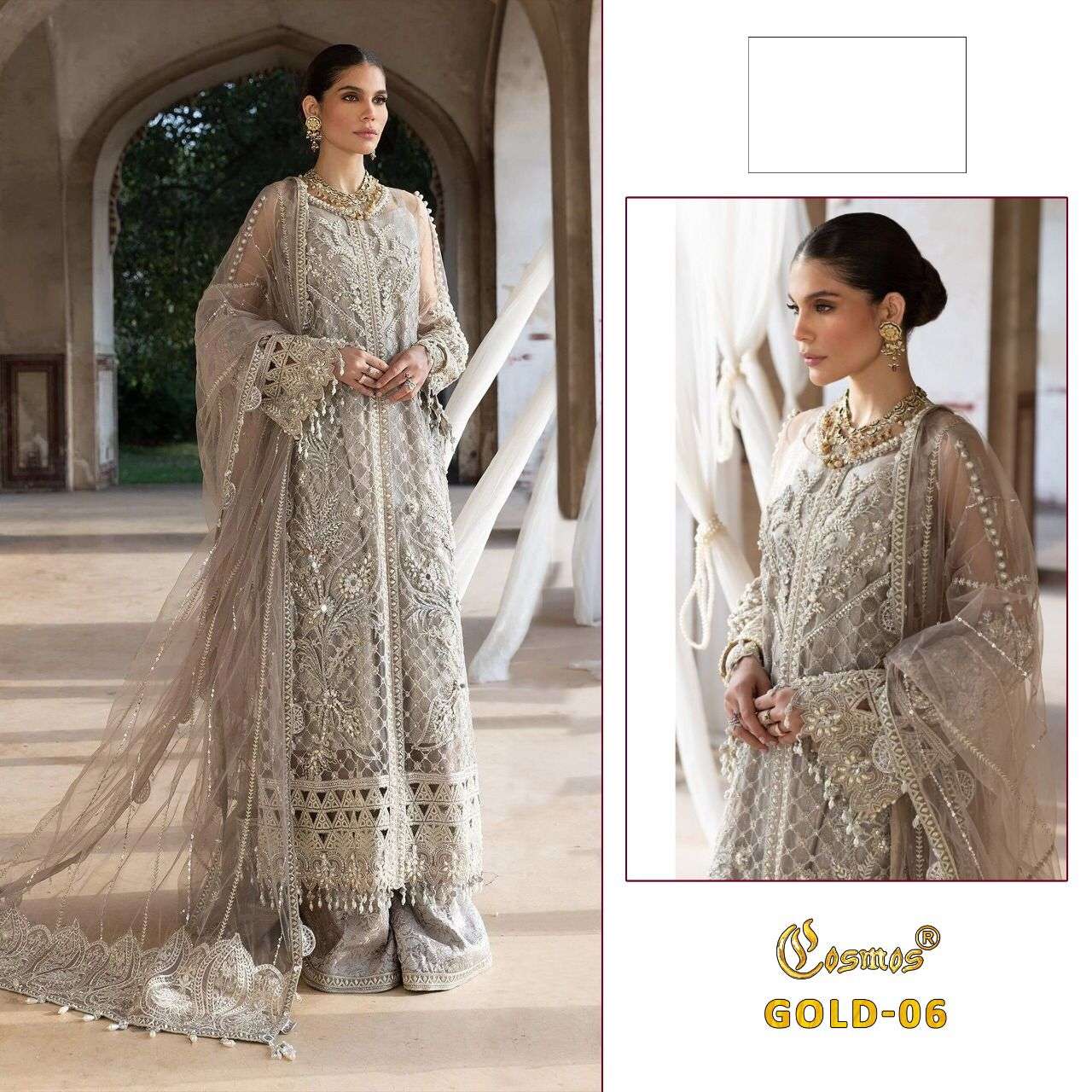 GOLD-06 HIT DESIGN BY COSMOS NET EMBROIDERY PAKISTANI DRESS