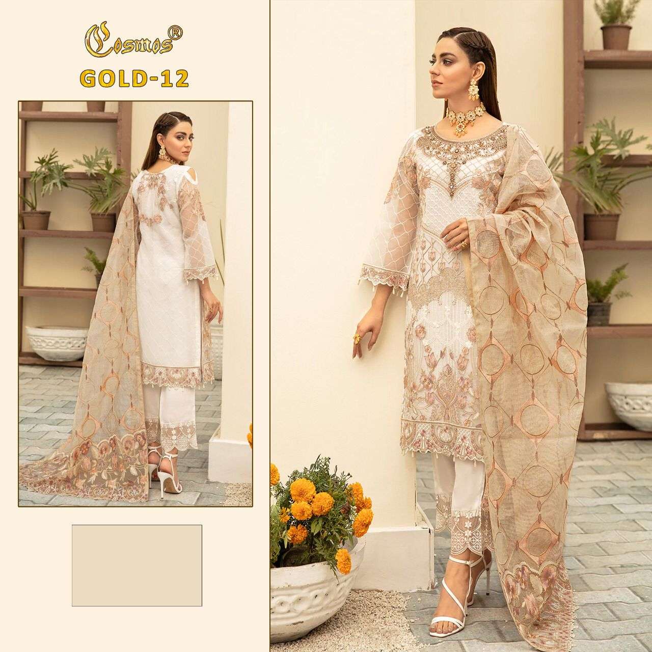 GOLD-12 COLOURS BY COSMOS FAUX GEORGETTE EMBROIDERY PAKISTANI DRESSES