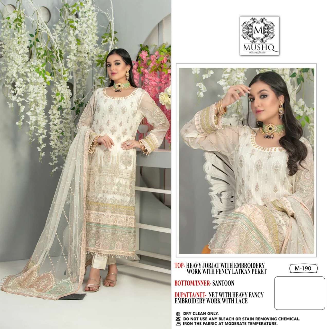 M-190 NX BY MUSHQ 190-A TO 190-B SERIES PURE GEORGETTE WORK PAKISTANI DRESSES