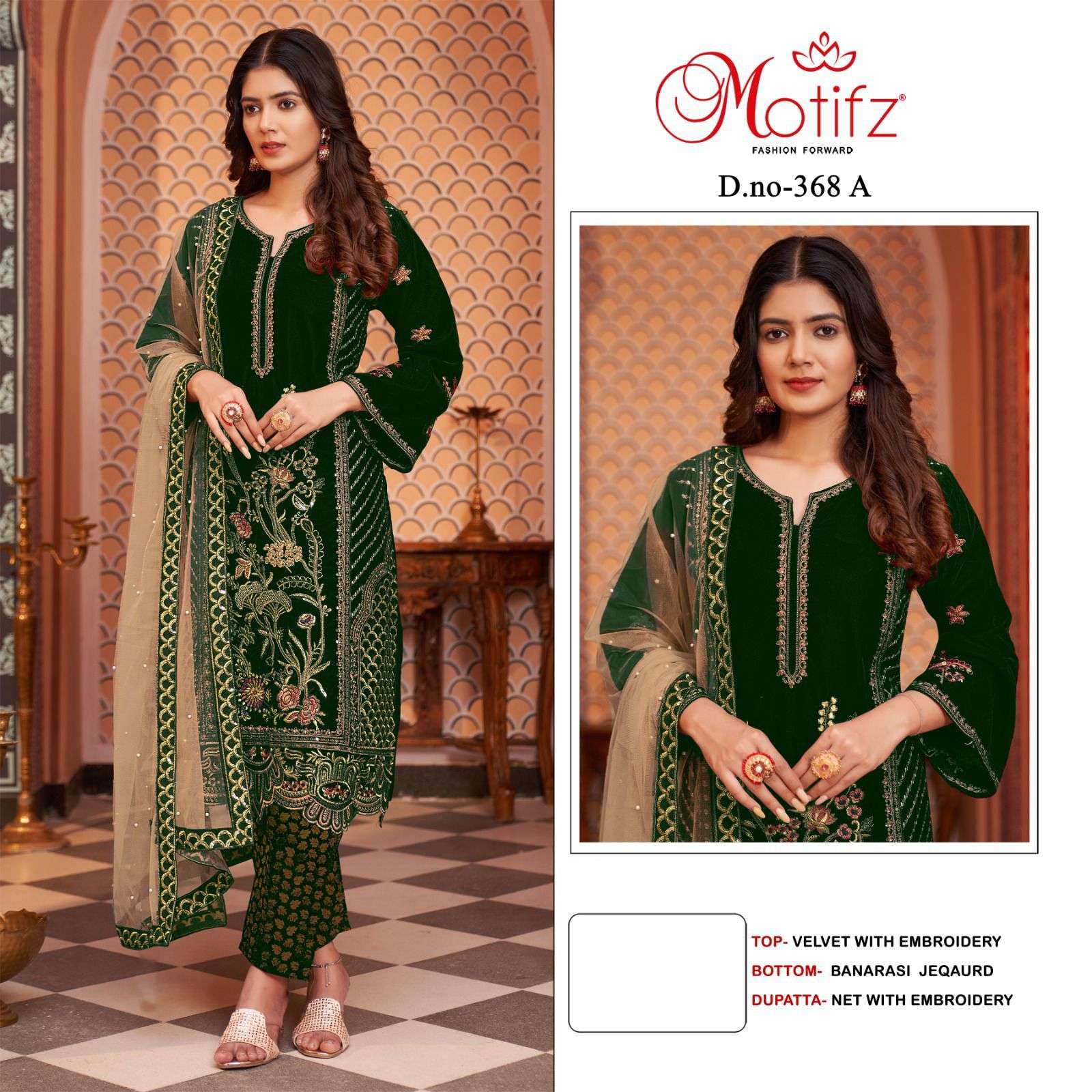 MOTIFZ 368 COLOURS BY MOTIFZ 368-A TO 368-C SERIES VELVET EMBROIDERY DRESSES