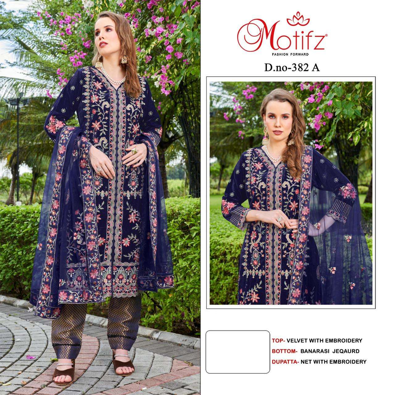 MOTIFZ 382 COLOURS BY MOTIFZ 382-A TO 382-D SERIES VELVET EMBROIDERY DRESSES