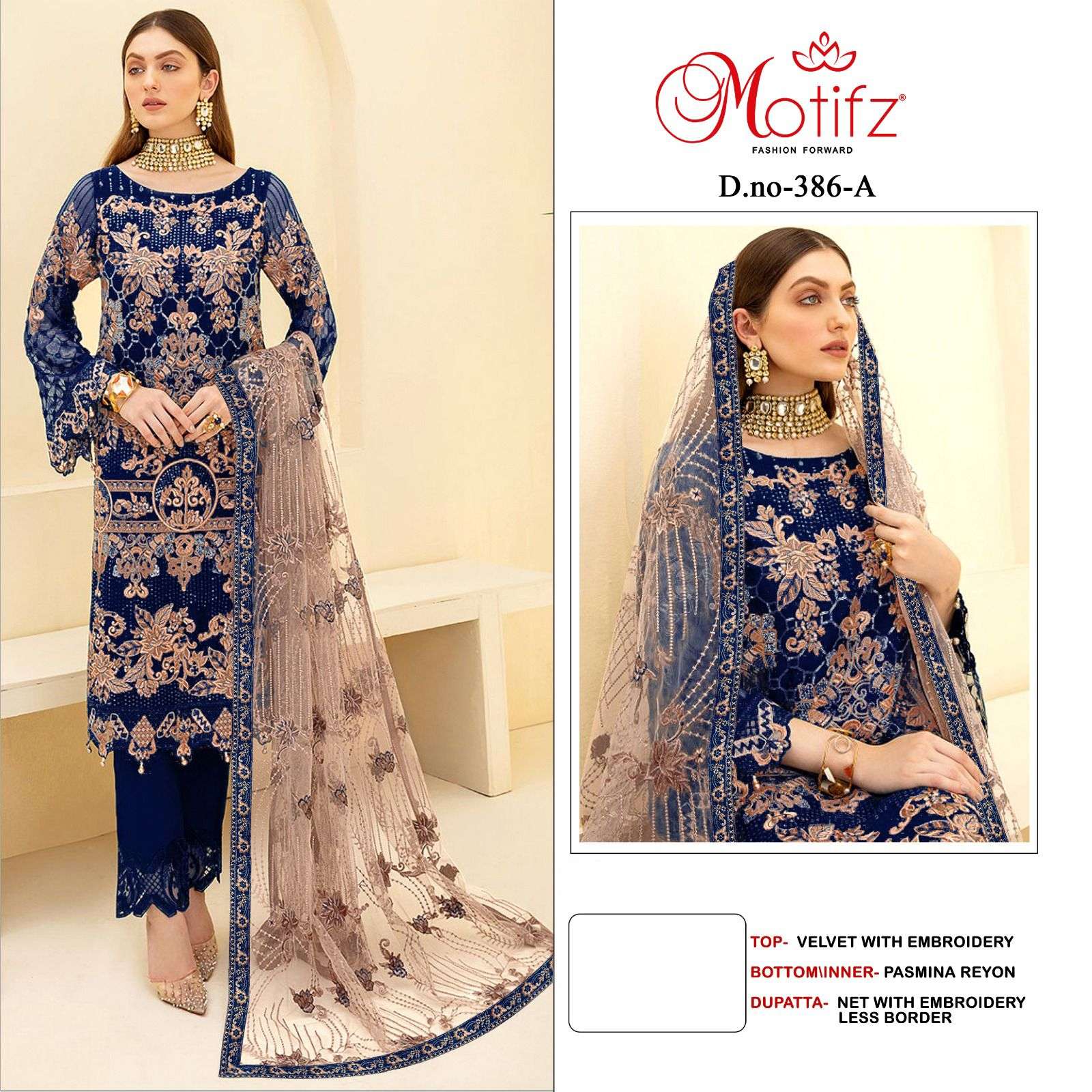 MOTIFZ 386 COLOURS BY MOTIFZ 382-A TO 382-D SERIES VELVET EMBROIDERY DRESSES