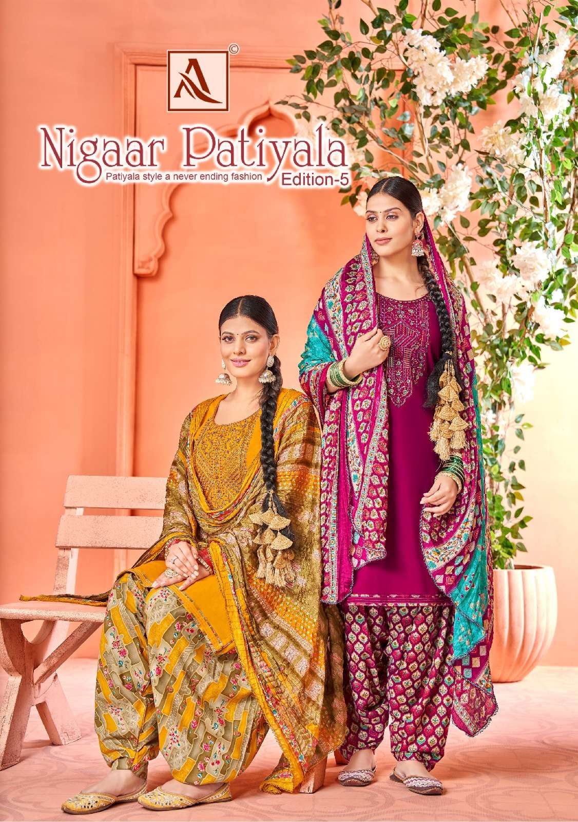 NIGAAR PATIYALA VOL-5 BY ALOK SUIT 1356-001 TO 1356-08 SERIES RAYON EMBROIDERY DRESSES