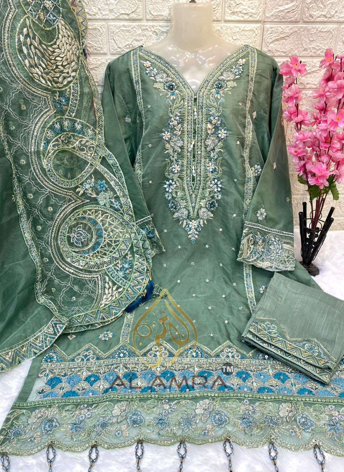 R-03 HIT DESIGN BY AL AMRA HEAVY ORGANZA EMBROIDERY PAKISTANI DRESSES