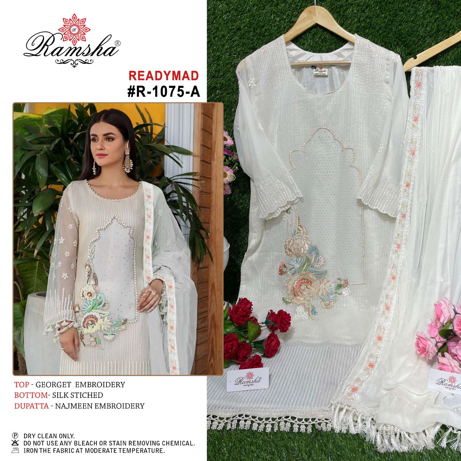 R-1075 NX BY RAMSHA GEORGETTE EMBROIDERY STITCHED PAKISTANI DRESS