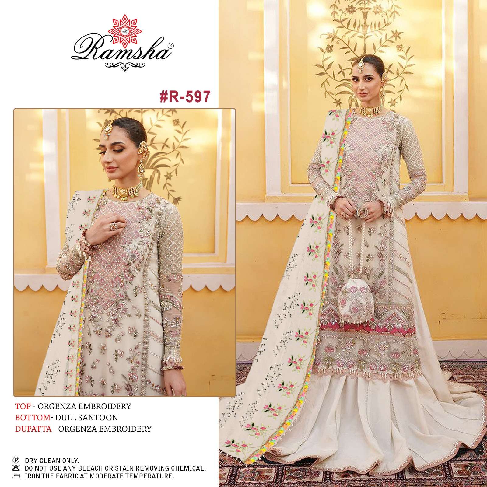 R-597 HIT DESIGN BY RAMSHA ORGENZA WORK PAKISTANI DRESSES