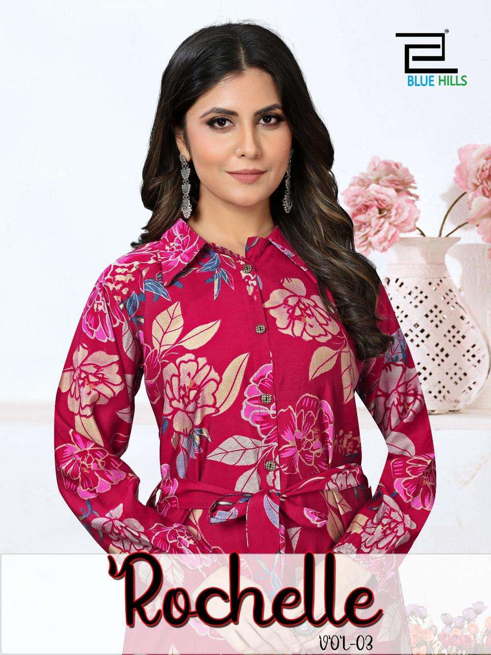 ROCHELLE VOL-3 BY BLUE HILLS 100-A TO 100-C DESIGNER CHANDERI PRINT LONG KURTIS