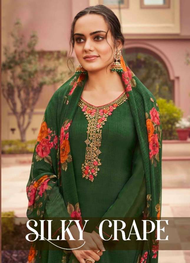 SILKY CRAPE BY ASLIWHOLESALE 1001 TO 1008 SERIES DESIGNER CREPE SILK DRESSES