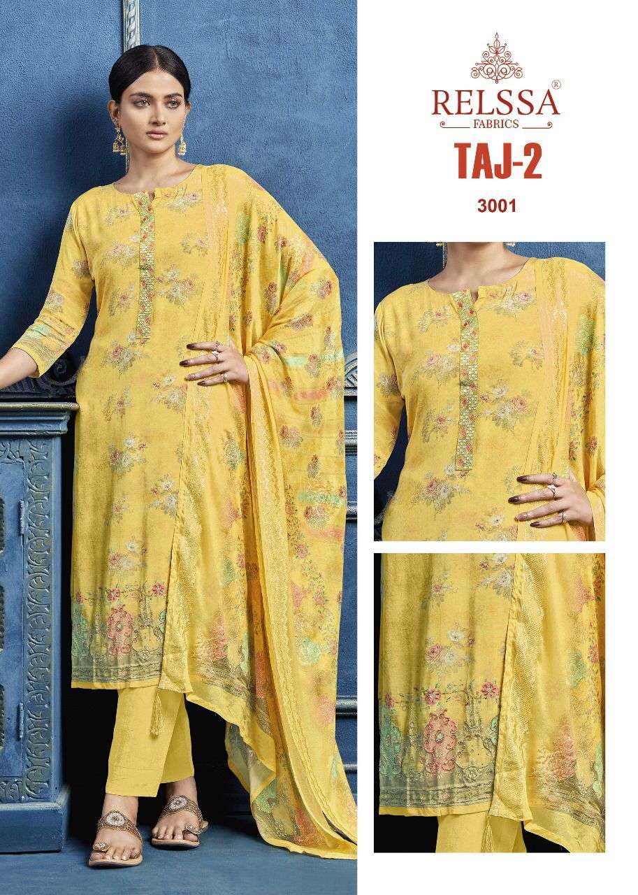 TAJ VOL-2 BY RELSSA 3001 TO 3003 SERIES PURE MUSLIN EMBROIDERY DRESSES