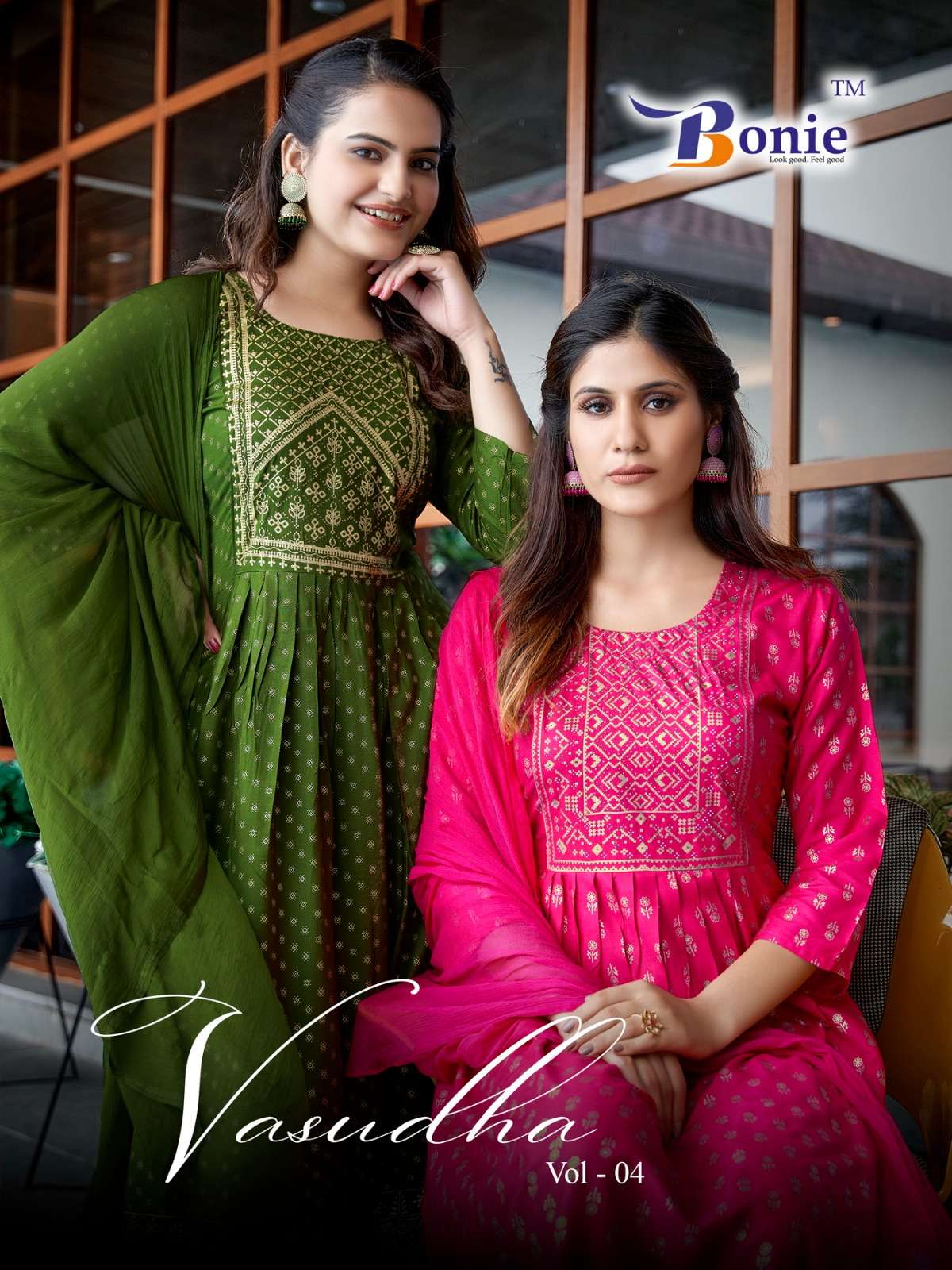 VASUDHA VOL-4 BY BONIE 1001 TO 1008 SERIES RAYON PRINTED STITCHED DRESSES