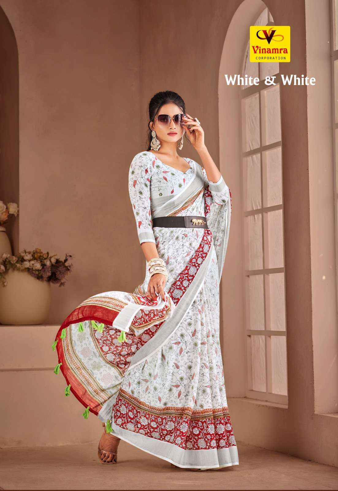 WHITE & WHITE BY ASLIWHOLESALE DESIGNER SOFT BRASSO SILK PRINTED SAREES