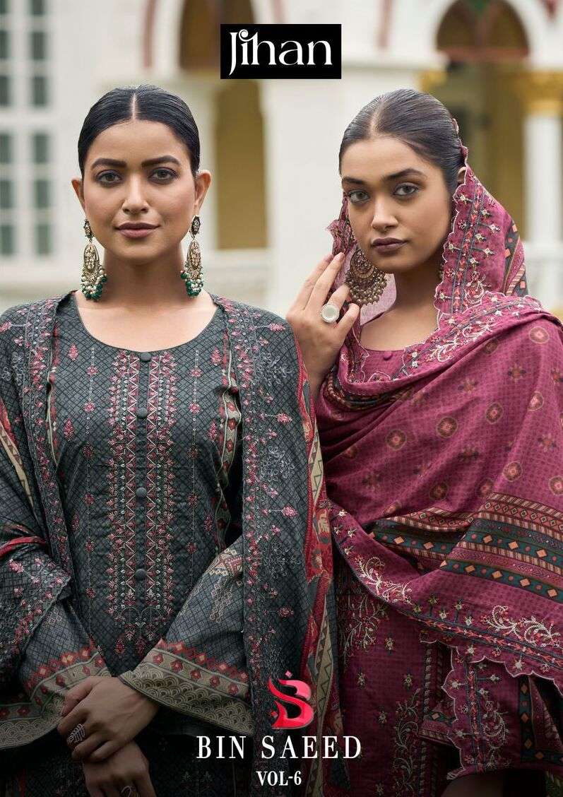 BIN SAEED VOL-6 BY JIHAN DESIGNER PURE HEAVY COTTON EMBROIDERY DRESSES 