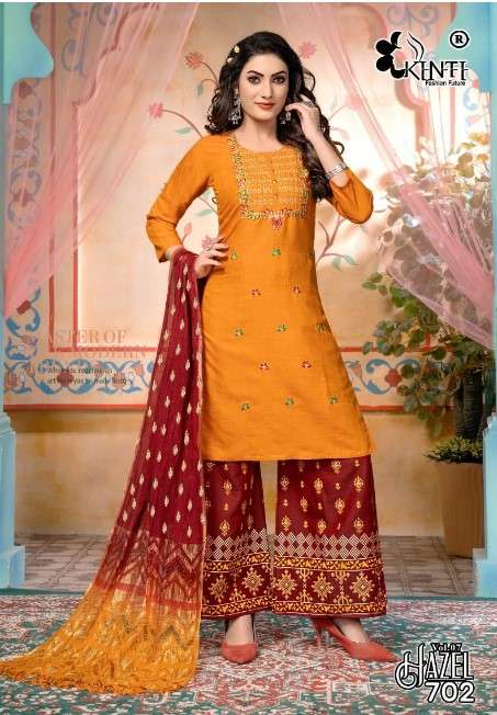 HAZEL VOL-7 BY KINTI 01 TO 06 SERIES TWO TONE RAYON WORK STITCHED DRESSES