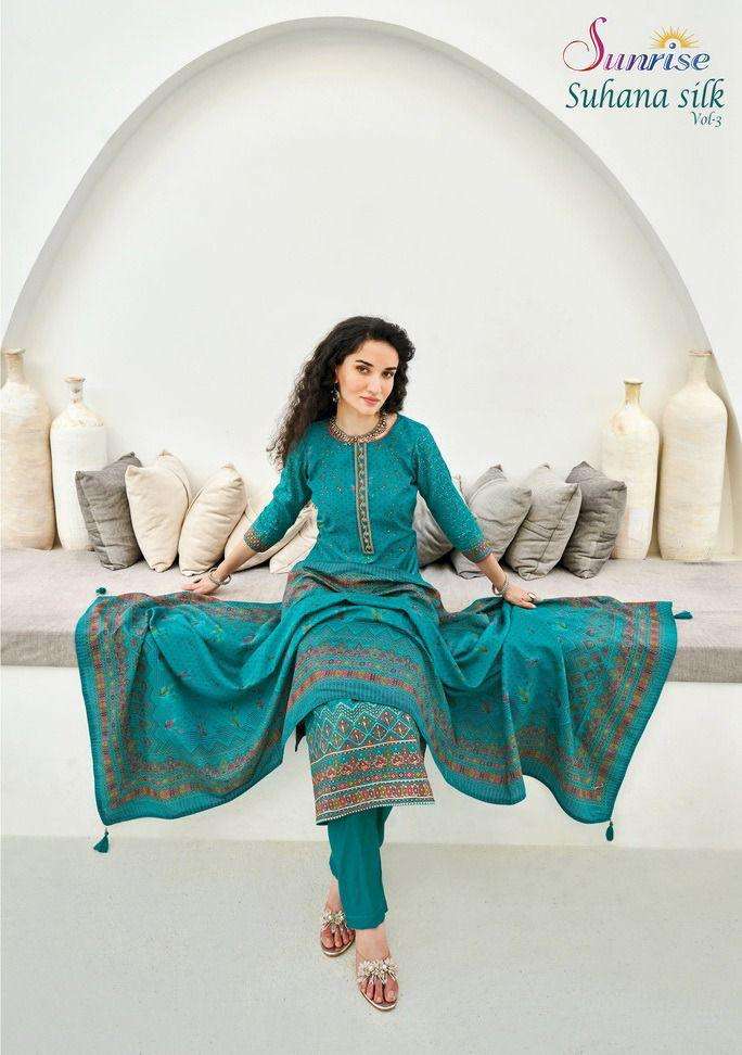 SUHANA SILK VOL-3 BY SUNRISE 3001 TO 3008 SERIES SILK EMBROIDERY DRESES