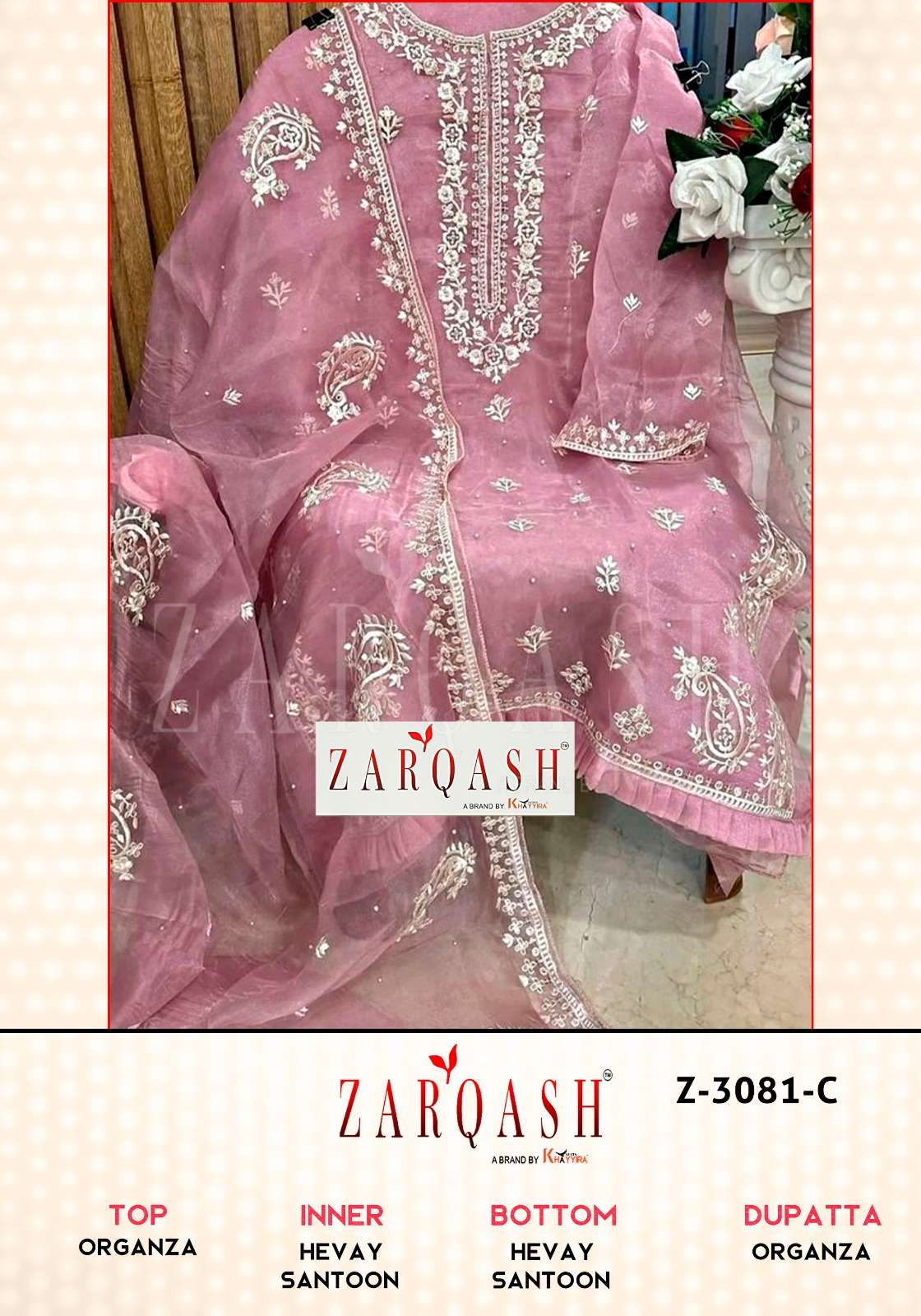 Z-3081 COLOURS BY ZARQASH 3081-A TO 3081-D SERIES ORGANZA WORK DRESSES