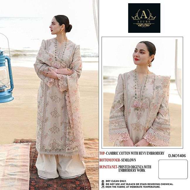 AZURE 1406 BY ASLIWHOLESALE HEAVY COTTON WORK PAKISTANI DRESS