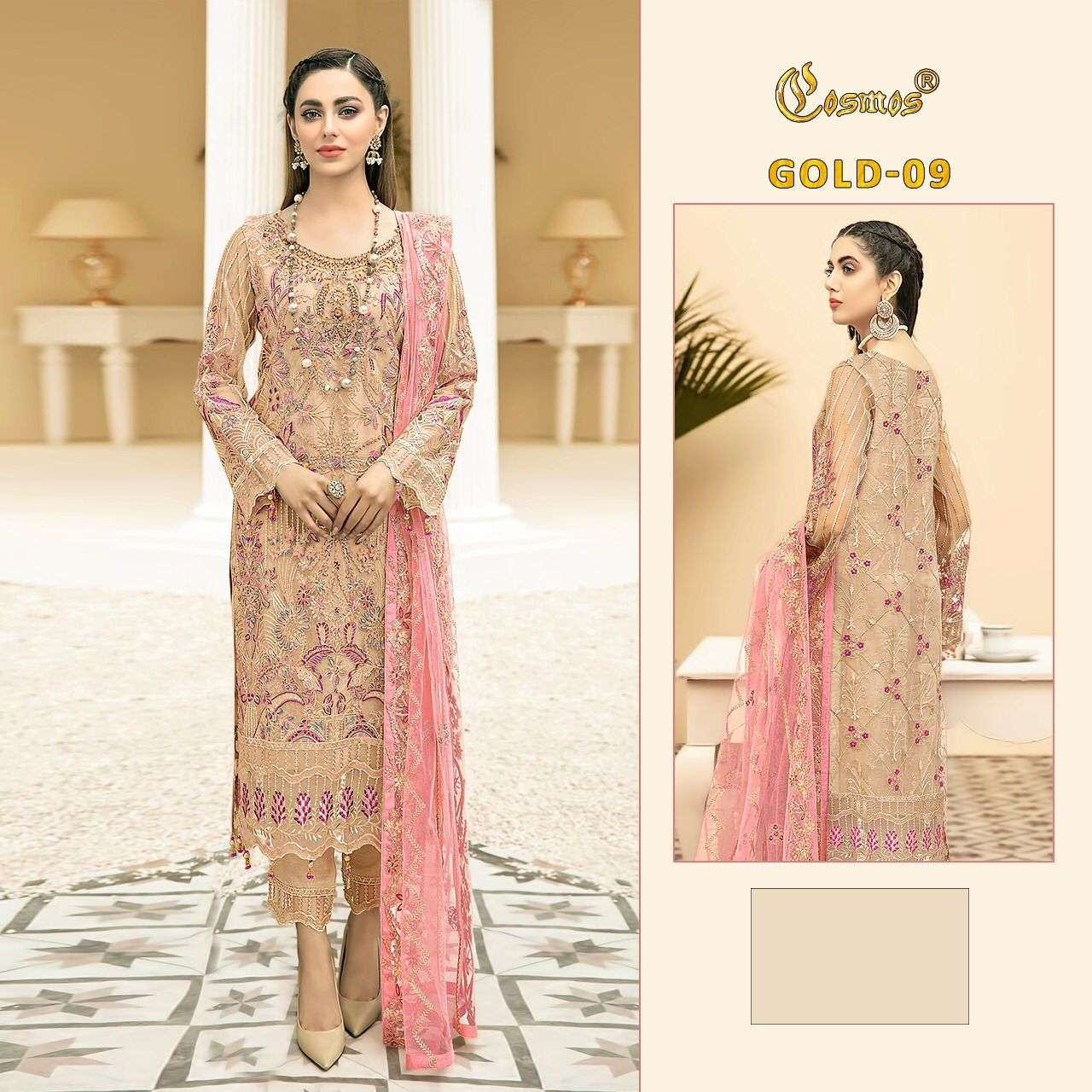 GOLD-09 HIT DESIGN BY COSMOS NET EMBROIDERY PAKISTANI DRESS