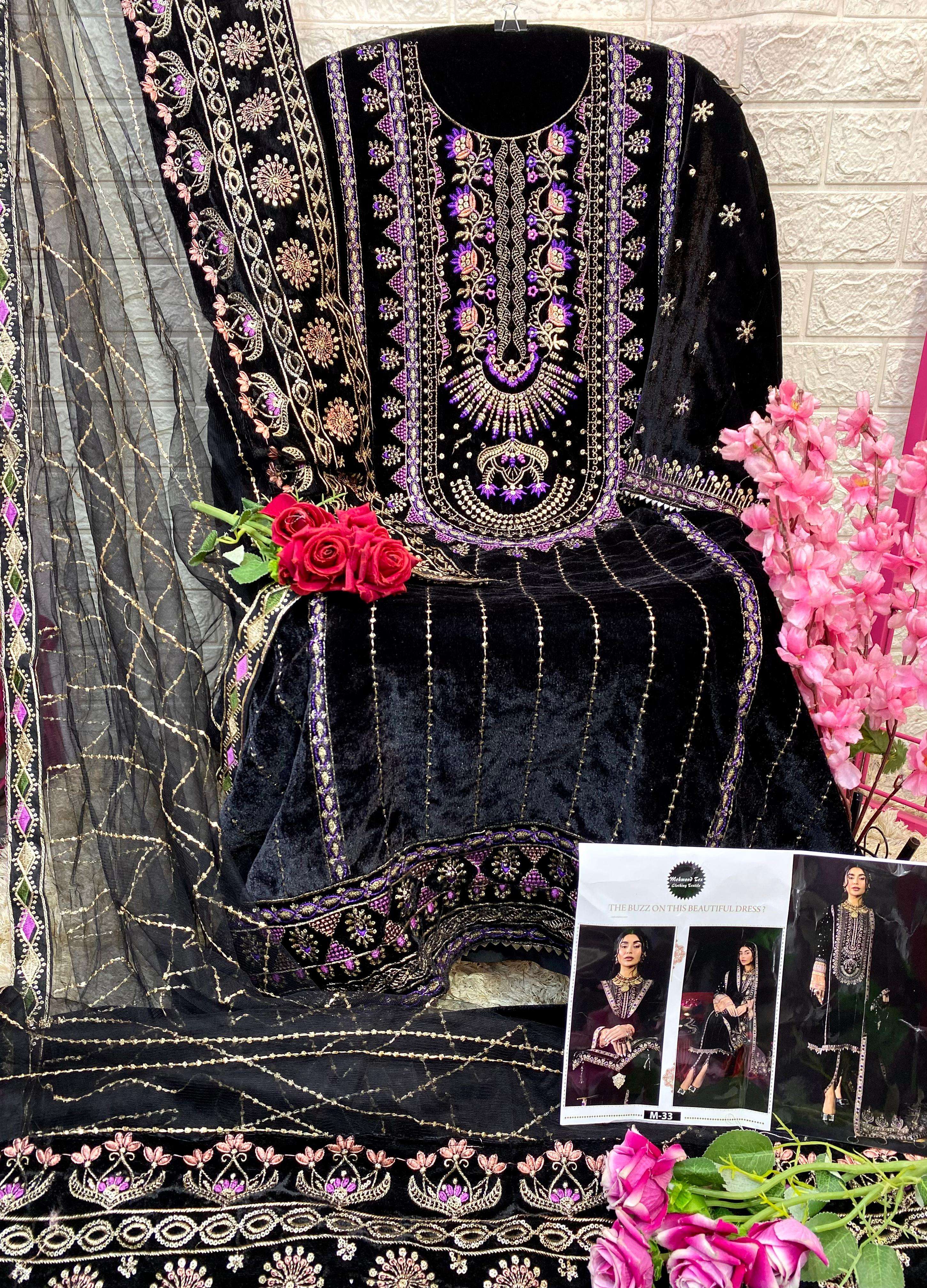 M-33 HIT DESIGN BY MEHMOOD TEX HEAVY VELVET EMBROIDERY PAKISTANI DRESSES