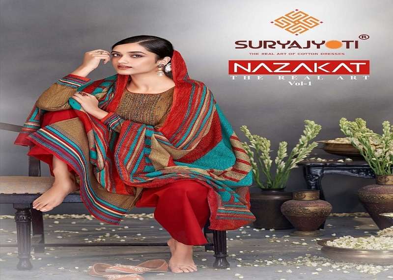 NAZAKAT VOL-1 BY SURYAJYOTI 5001 TO 5010 SERIES COTTON PRINT DRESSES