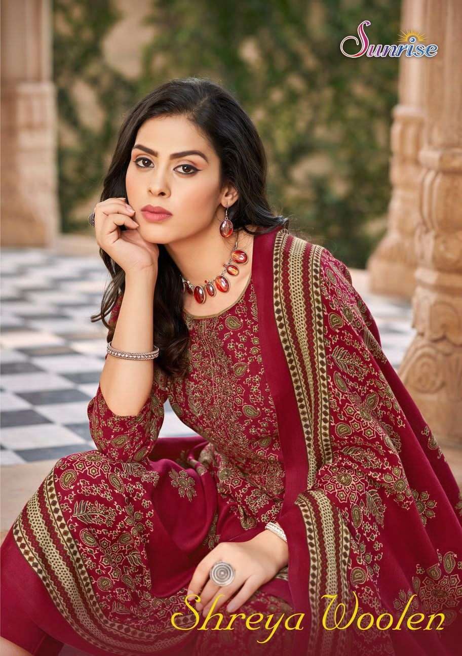 SHREYA WOOLEN BY SUNRISE 1001 TO 1008 SERIES SILK EMBROIDERY DRESES