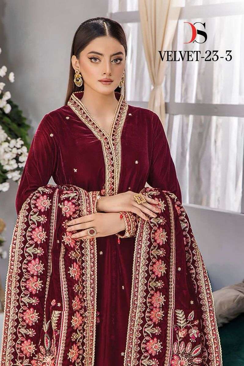 VELVET-23-3 BY DEEPSY SUITS DESIGNER VELVET EMBROIDERY DRESSES