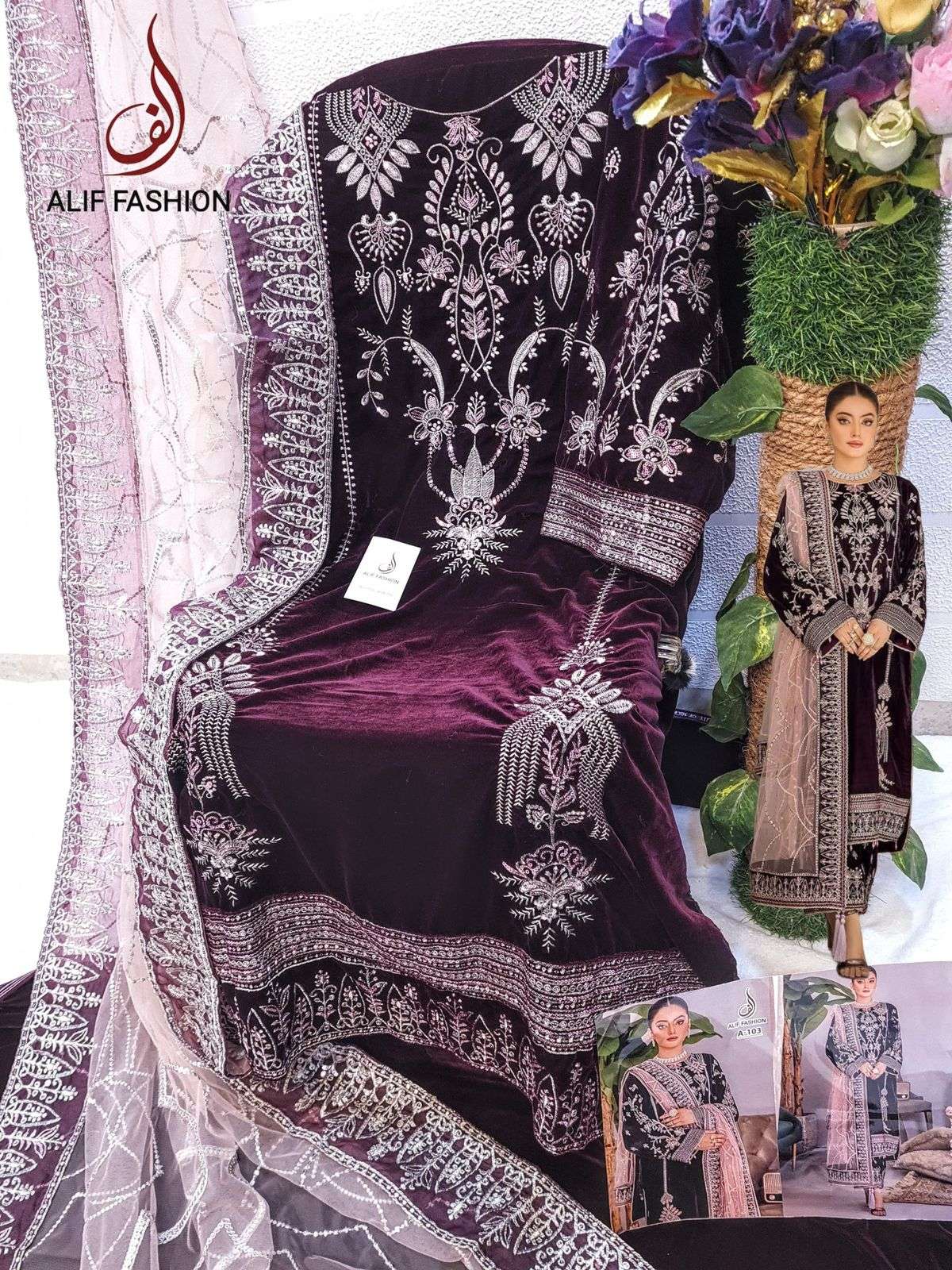 A-103 HIT DESIGN BY ALIF FASHION PURE VELVET EMBROIDERY WORK DRESS