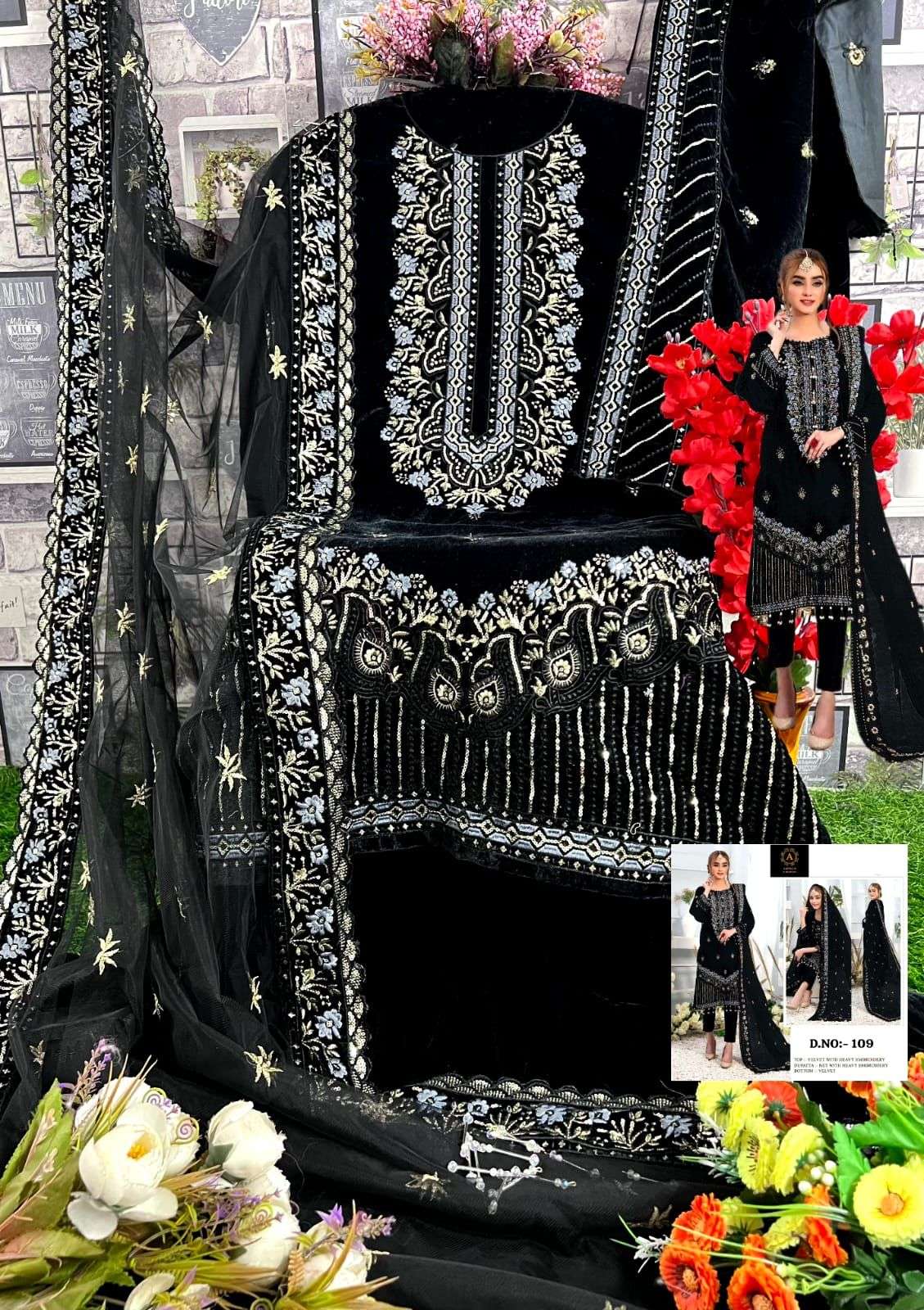 AMENA.B D-109 BY ASLIWHOLESALE DESIGNER VELVET WORK PAKISTANI DRESS