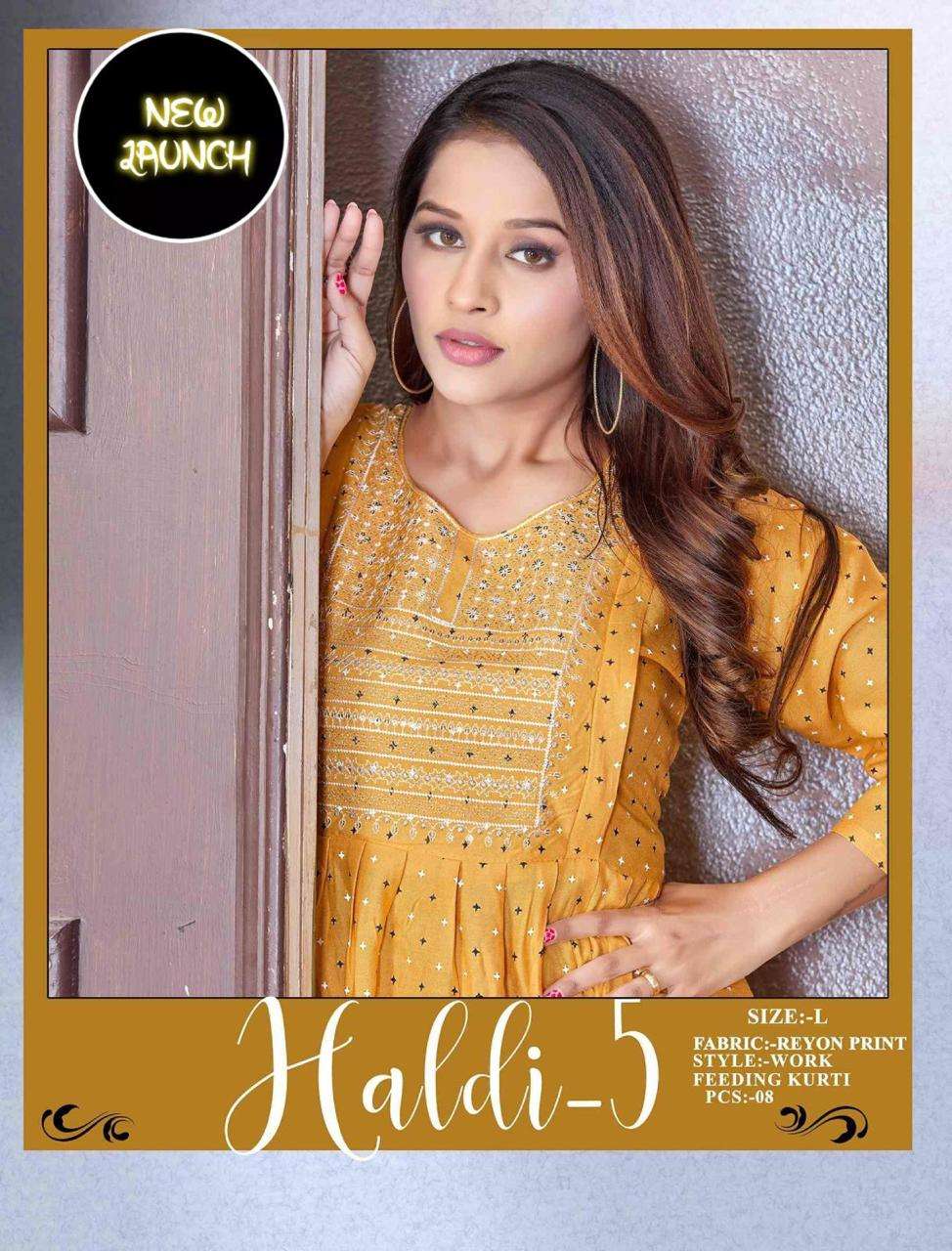 HALDI VOL-5 BY ASLIWHOLESALE 1001 TO 1008 SERIES FANCY RAYON KURTIS